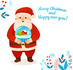 Santa Claus holding snowball, cartoon Christmas greeting card. Funny xmas character and winter snow glass globe. Happy New Year congratulation for xmas postcard, advertisement, leaflet