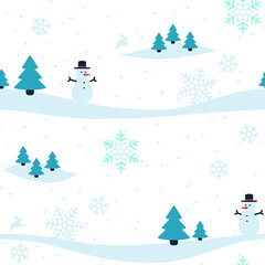 Repeatable snowy background with snow man, pine trees and snow flakes. Seamless pattern of winter.