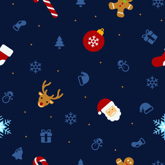 Seamless pattern of Christmas related stuff with stars on dark blue background.