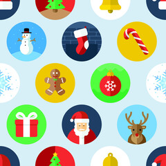 Colorful seamless pattern of circular Christmas icons of Santa, Santa hat, reindeer, gift, snowflake, ornament, gingerbread man, candy cane, stocking, snow man, bell, and Christmas tree icons.