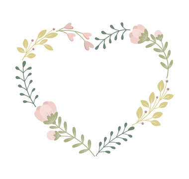 Floral heart frame. Decorative frame design with flowers and leaves. Hand drawn vector illustration.