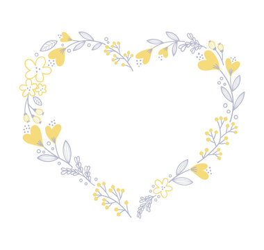 Floral heart frame. Decorative frame design with flowers, leaves, and berries. Hand drawn vector illustration.