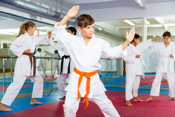 Young boy in white kimono standing in fighting stance in gym. Kids sparring together in background.