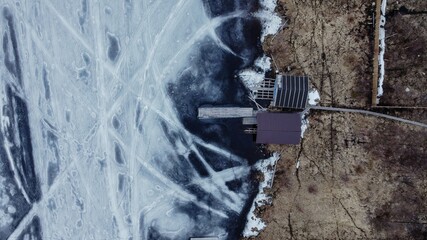 aerial view of the frozen lake