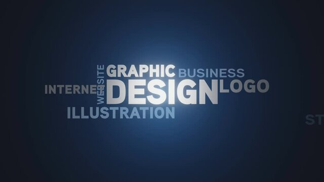 Graphic design kinetic typography with glossy white and light blue words on dark blue gradient background.