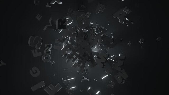 Flying letters from alphabet in random motion on dark environment with volumetric back lighting.