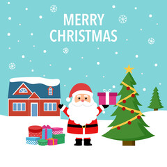 Santa Claus standing on snow and holding gift with snow flakes, house and Christmas trees on background in flat design. Merry Christmas concept vector illustration. Xmas holiday celebration.