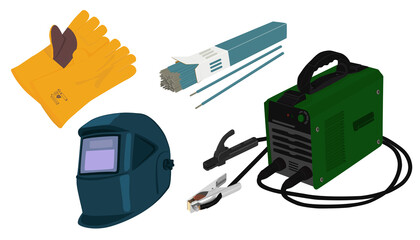 Set of a welding equipment - welding machine, mask, gloves, electrodes on a white background. Vector illustration.