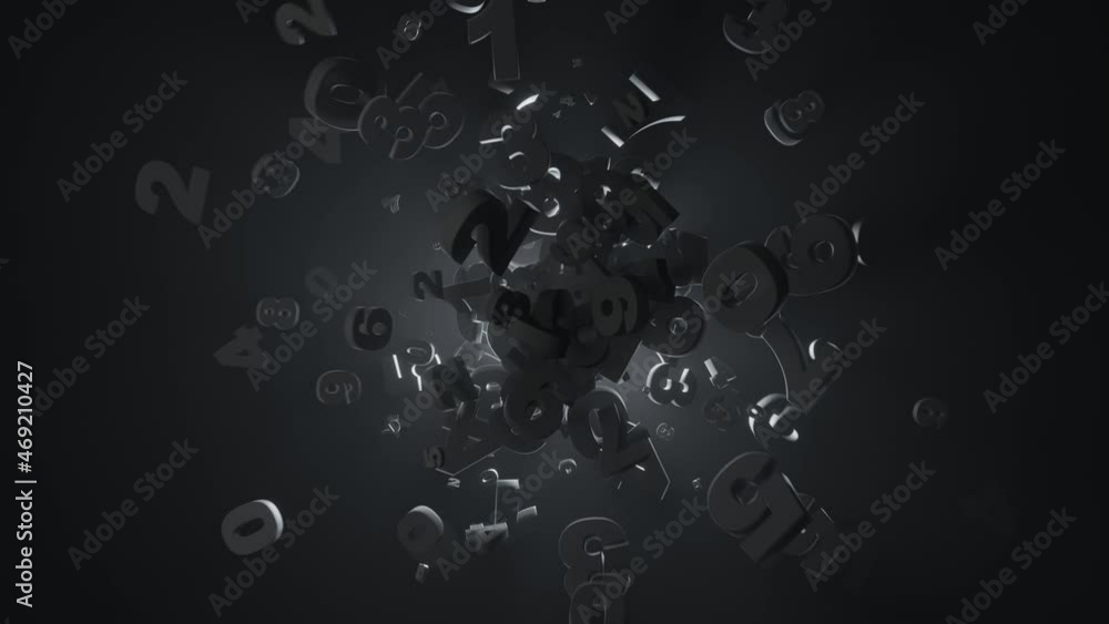 Poster flying numbers in random motion on dark environment with volumetric back lighting.
