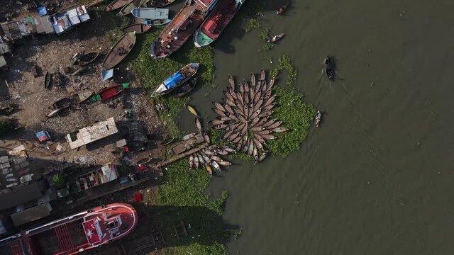 Drone descends on illegal dockyard on riverbank of the Buriganga river, Dhaka, Bangladesh