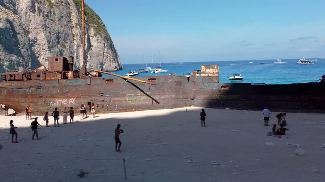 Aerial footage shipwreck bay Navagio beach