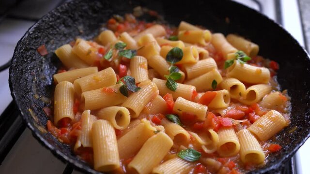 Deliciously Cooked Rigatoni Arrabbiata In A Pan. close up