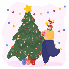 Father and daughter decorate the Christmas tree