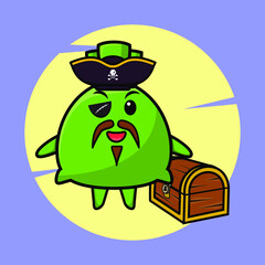 Money bag pirate character with hat and beside treasure box cute style design for t shirt, sticker, logo element