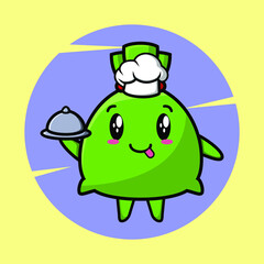 Money bag chef mascot character serving food on tray cute style design for t-shirt, sticker, logo element