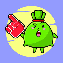 Money bag illustration cartoon with foam finger glove, cute style design for t-shirt, sticker, logo element