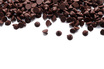 Chocolate chips morsels isolated on white background with copy space.