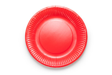 Top view of red paper plate isolated on white background