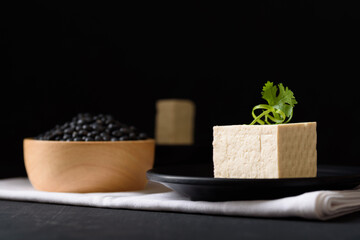 Fresh tofu made from organic soybeans is an ingredient in plant based as a healthy and vegetarian food.