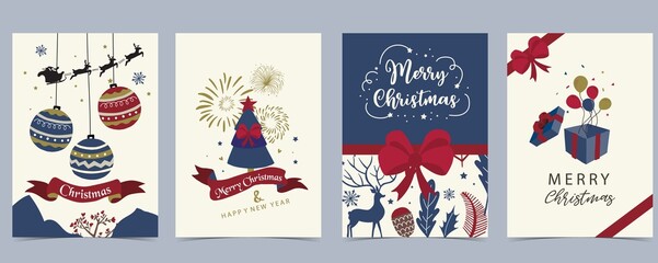 Collection of chritsmas background set with deer,firework,ribbon