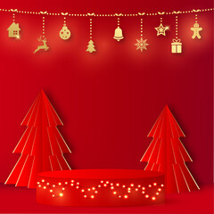 Happy New Year background with red podium and paper pine tree. Vector