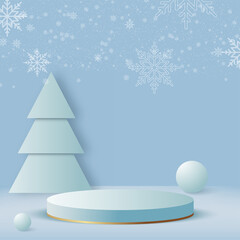 Happy New Year background with blue podium and paper pine tree. Vector.