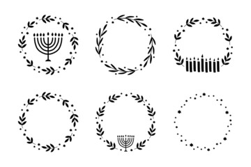 Obraz premium Hanukkah floral wreath with menorah, candle vector illustration set. Jewish holiday Chanukah typography. Hand-drawn festive party decoration. Hanuka greeting card with a traditional symbol.