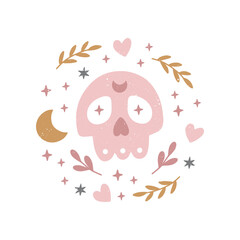 Vector sugar skull poster. Mexican Day of Dead. Cartoon skeleton head with moon, star Illustration on white background. Print for card, t shirt design.