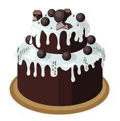 Large two-tiered brownie chocolate cake garnished with white ganache, chocolates and silver sugar balls. Stock vector illustration isolated on a white background.