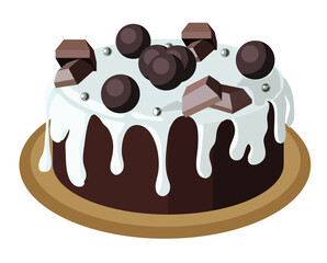 Large brownie chocolate cake garnished with white ganache, chocolates and silver sugar balls. Stock vector illustration isolated on a white background.