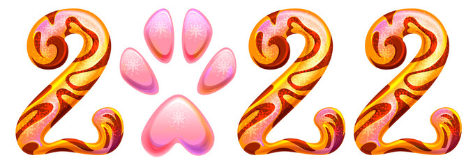 2022 year of tiger chinese calendar. Number tiger skin and paw print template greeting card calendar