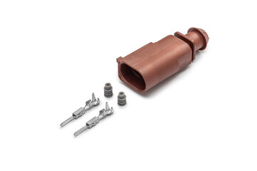 Connector for wiring. Spare part of the engine electrical system. Contact electrical connector isolated on white background