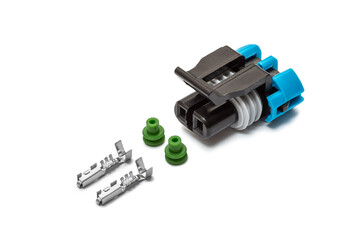 Connector for wiring. Spare part of the engine electrical system. Contact electrical connector isolated on white background