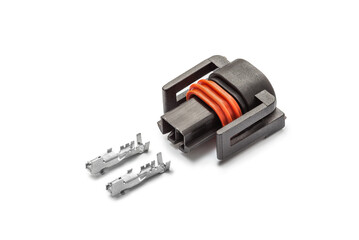 Connector for wiring. Spare part of the engine electrical system. Contact electrical connector isolated on white background