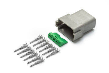 Connector for wiring. Spare part of the engine electrical system. Contact electrical connector isolated on white background