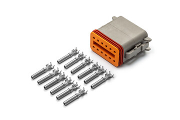 Connector for wiring. Spare part of the engine electrical system. Contact electrical connector isolated on white background