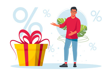 discount, sale. man holding big percent sign. boy are holding big percent sign. Discounts on goods, promotions. Keep discounts. Financial interest. Increase, decrease in price. Vector illustration.