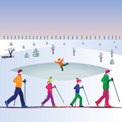 Family skiing. Family sports. Winter sport.