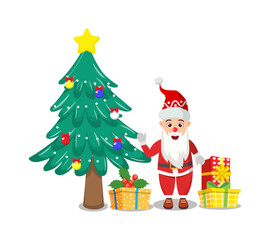 Cute beautiful Santa character wearing Christmas outfit and waving colorful and holding gift boxes and with Christmas tree isolated