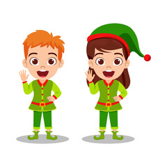 Cute beautiful kid boy and girl character wearing Christmas outfit and waving colorful