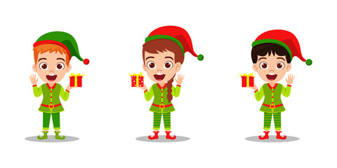 Cute beautiful kid boys and girl character wearing Christmas outfit and waving colorful and holding gift boxes