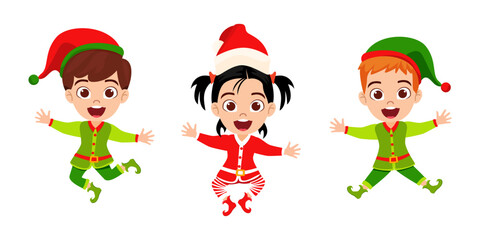 Cute beautiful kid boys and girl character wearing Christmas outfit and waving colorful and jumping on air sky