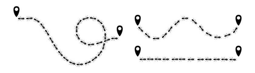 Ants trail with location icons. Route or path isolated in white background. Vector illustration