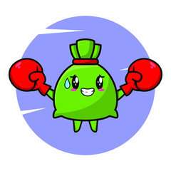 Money bag mascot cartoon playing sport with boxing gloves and cute stylish design for t-shirt, sticker, logo elements