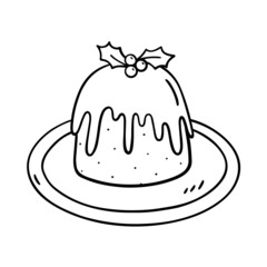 Traditional Christmas pudding with holly berry on a plate isolated on white background.Vector hand-drawn illustration in doodle style. Perfect for holiday designs, cards, decorations, logo, menu.