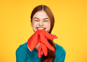 woman cleaning lady rubber gloves detergents housework