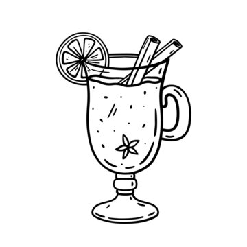 recommend clip art: Mulled wine with orange slice and cinnamon sticks isolated on white background. Vector hand-drawn illustration in doodle style.Perfect for holiday and Christmas designs, cards, decorations, logo, menu