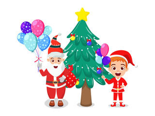 Cute beautiful Santa character and kid boy wearing Christmas outfit and waving colorful and holding gift boxes and balloons and waving and with Christmas tree