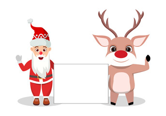 Fototapeta na wymiar Cute beautiful Christmas Santa character reindeer character wearing Christmas outfit standing and holding blank placard board