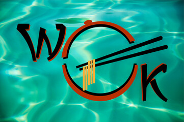 minimal lettering logo of asian cuisine wok against the background of sea water
